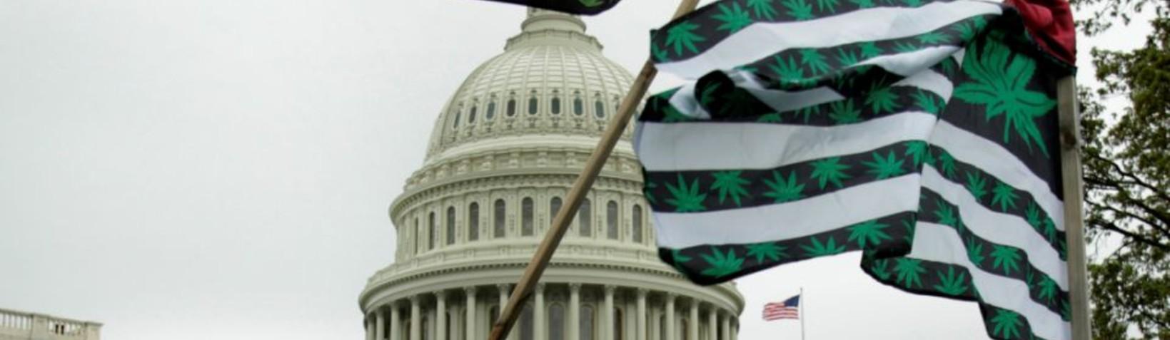 U.S. Capitol and a pro marijuana legalization flag